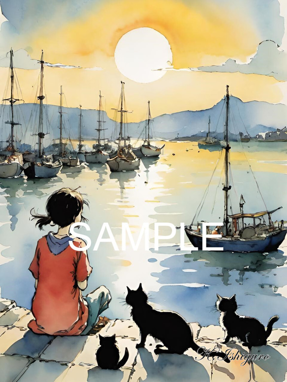 港で船と海の夕陽を見ている少女と猫(オリジナルイラスト)A4 №s-16923
