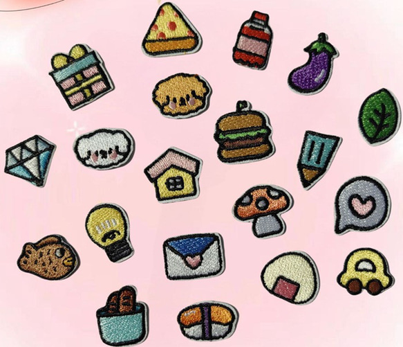 ハンバーガー 寿司 20種類 20枚 ワッペン おにぎり 車 魚 入学 入園 アップリケ 刺繍 アイロン接着 1枚目の画像