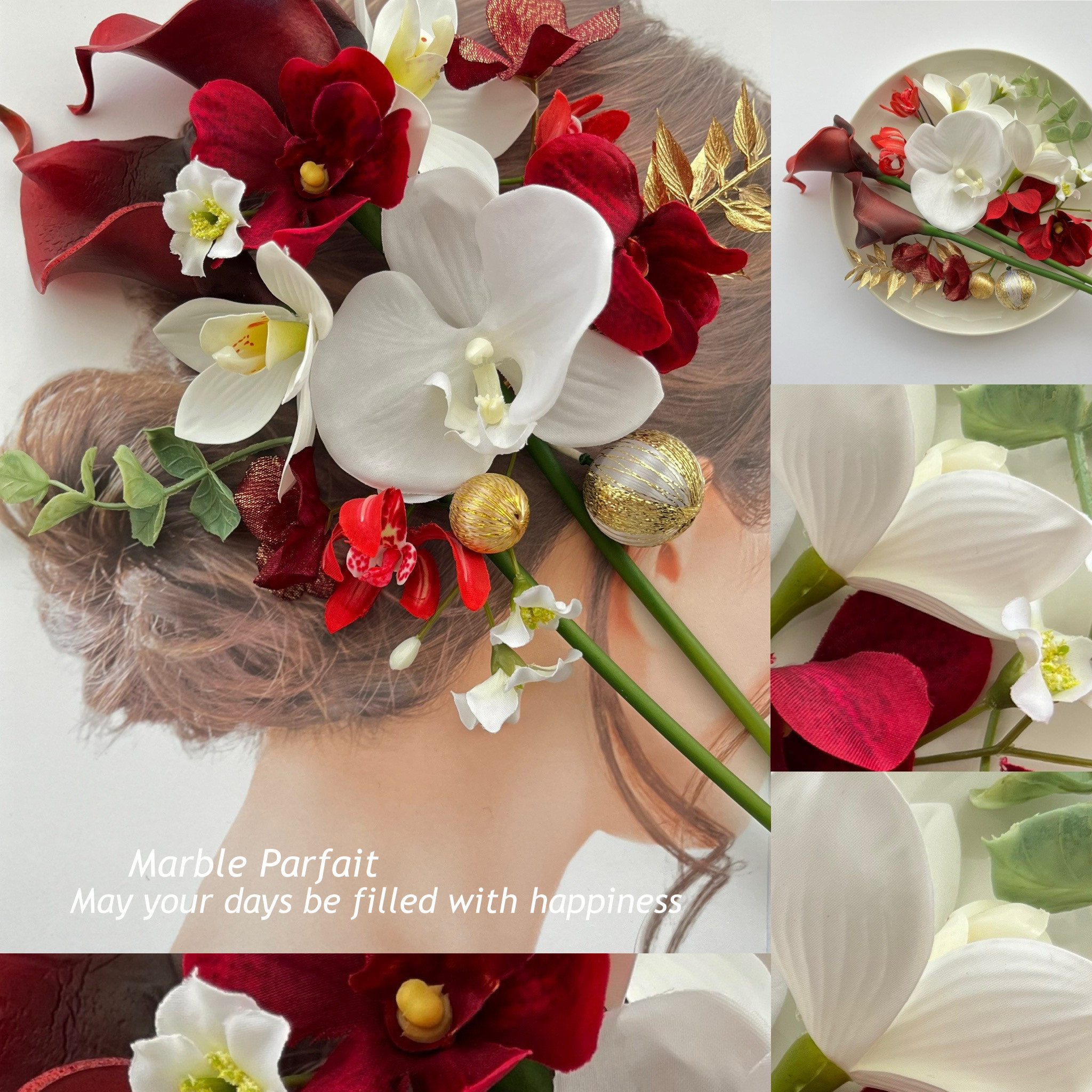 髪飾り ホワイト レッド カラーリリィ 胡蝶蘭 モカラ 水引＆金箔シート付き 結婚式 成人式 卒業式 七五三 着物