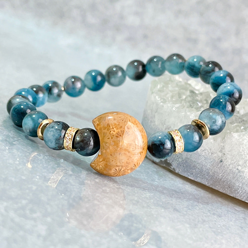 フォッシルコーラル／ブラックアクアマリン 天然石ブレスレット