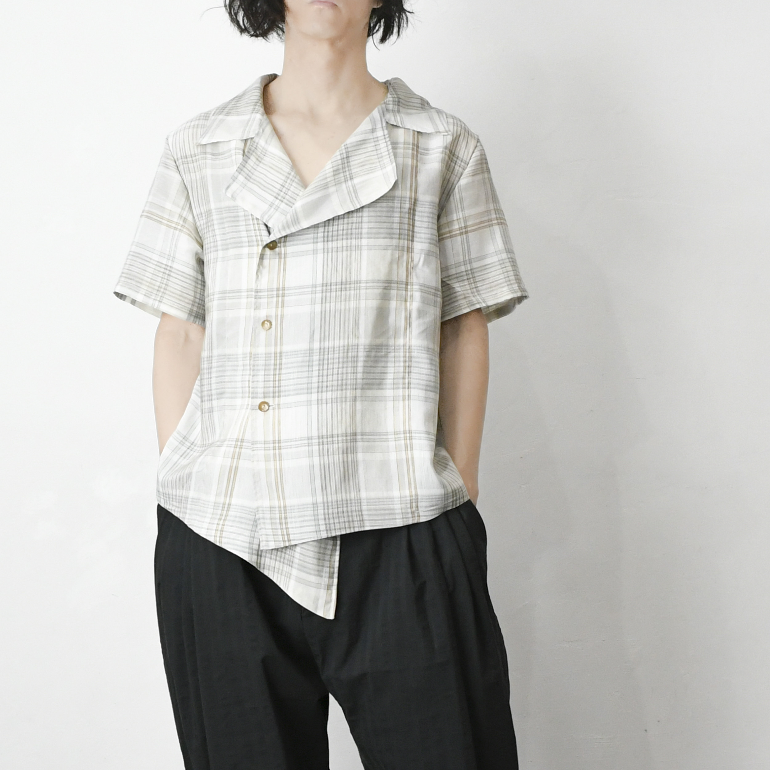 送料無料【完全一点物】半袖ダブルシャツ(ライトグレーチェック)