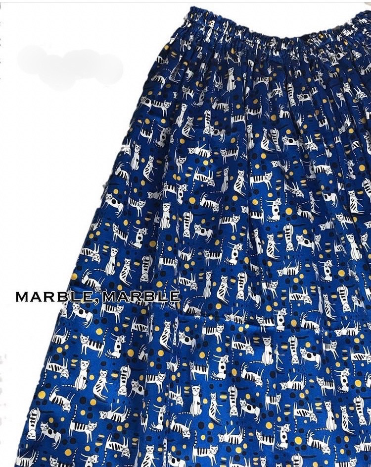 【ブルー】猫スカート　ふんわりスカート　ギャザースカート　スカート大人　スカート　ねこ　ネコ　猫　にゃんこ