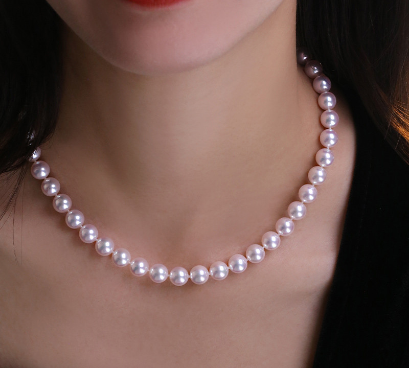 [ヘイズジュエリー]オーロラ8-8.5mmアコヤ天然海水真珠ネックレス、少量の高品質、非常に強い光、丸い真珠、万能デザイン、ギフ