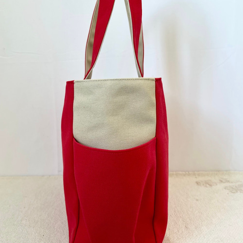 Lサイズ】赤＆アイボリー 8号倉敷帆布使用 肩掛けトート akaneko