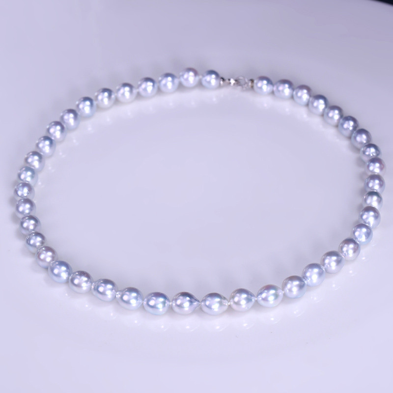 [ヘイズジュエリー] 8-9mm ブルーブラッド バロックネックレス オーロラシルバー ブルーライト オーストラリア産ホワイトナ