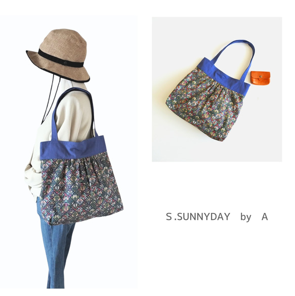 【１点物シリーズ】大きめ持ち手長め53 　  花　持ち手ロイヤルブルー 1枚目の画像