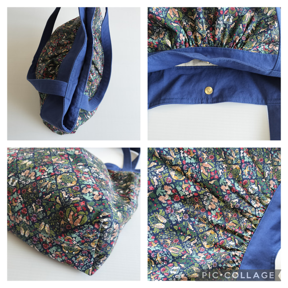 【１点物シリーズ】大きめ持ち手長め53 　  花　持ち手ロイヤルブルー 2枚目の画像