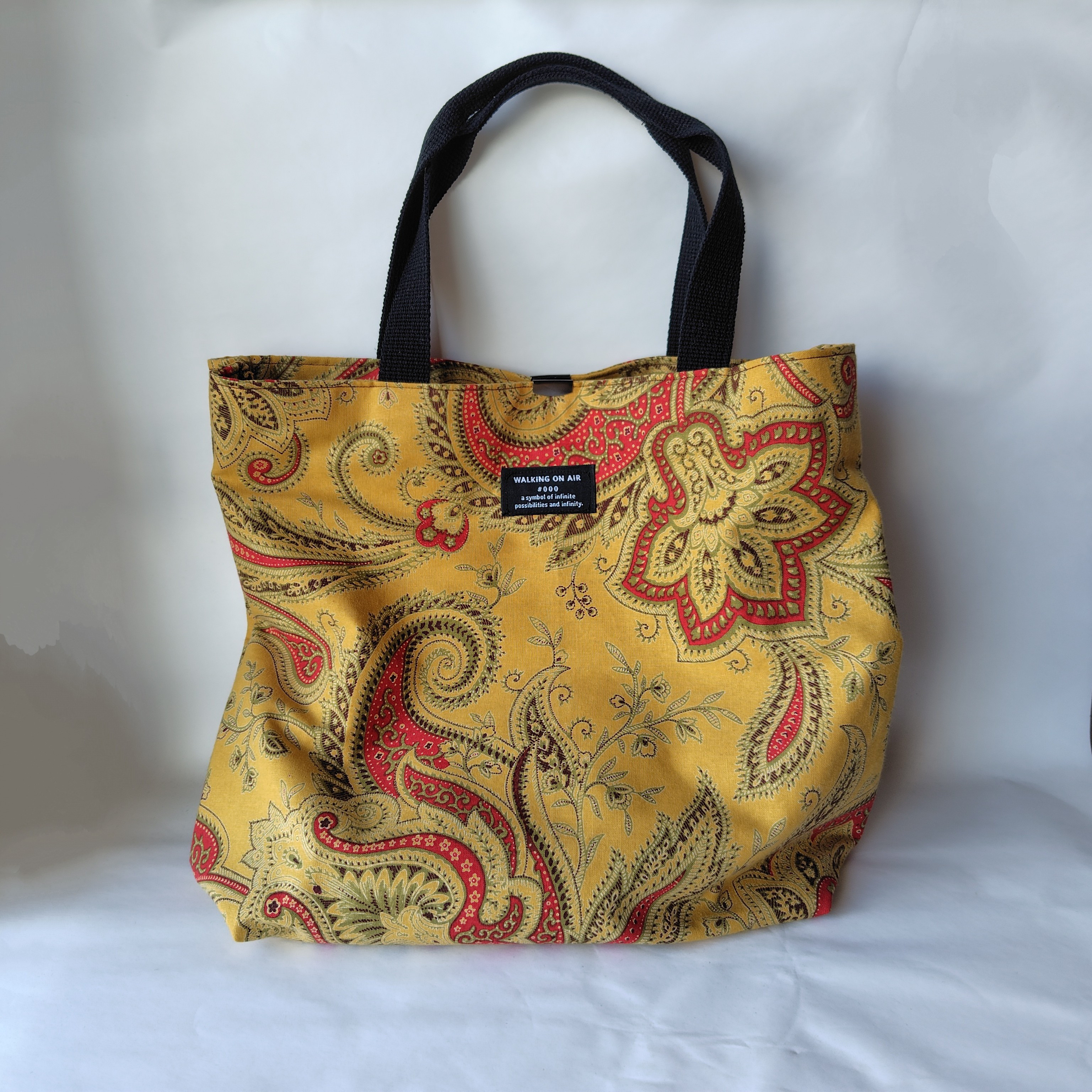★インド、本場ブロックプリント（手押し）のトートバッグ★少し横型★からし色★裏地あり★