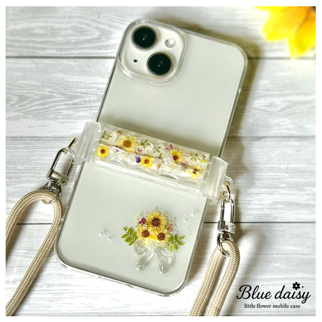 【向日葵の花束スマホケース＋ショルダークリップ】押し花レジン iPhone/Android対応 夏アクセサリー
