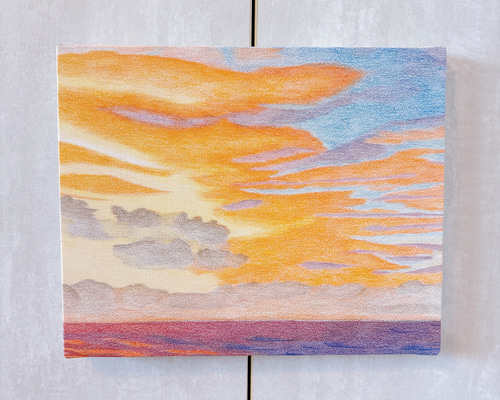 朝焼けの空海 キャンバスアート / 柔らかな雰囲気の色鉛筆画
