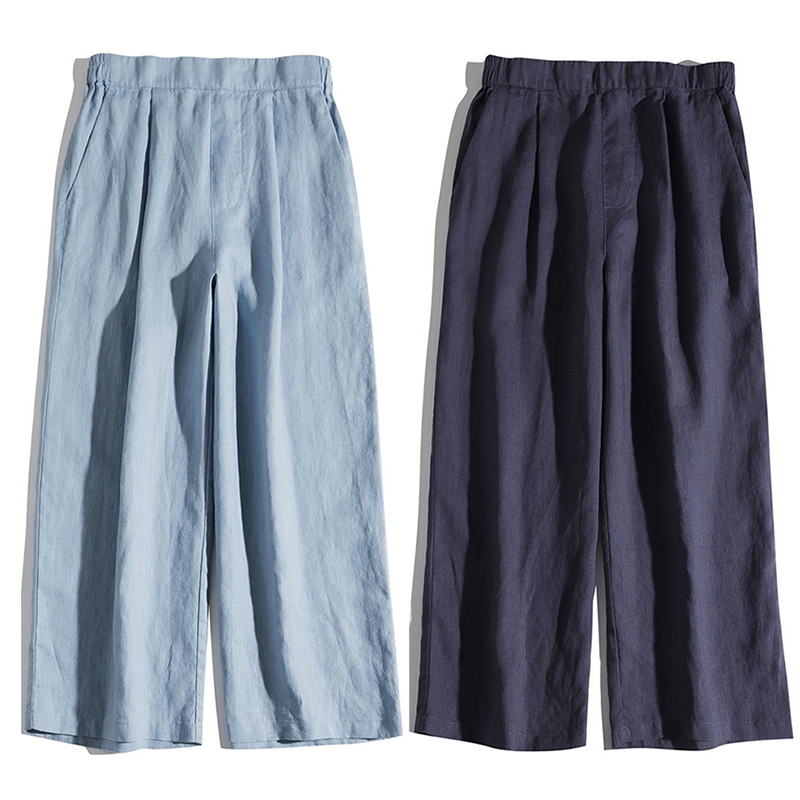 7分丈リネンワイドパンツ　ゴムウエストリネンワイドパンツ　シンプルリネンパンツ　8色　S-XLサイズ　L672