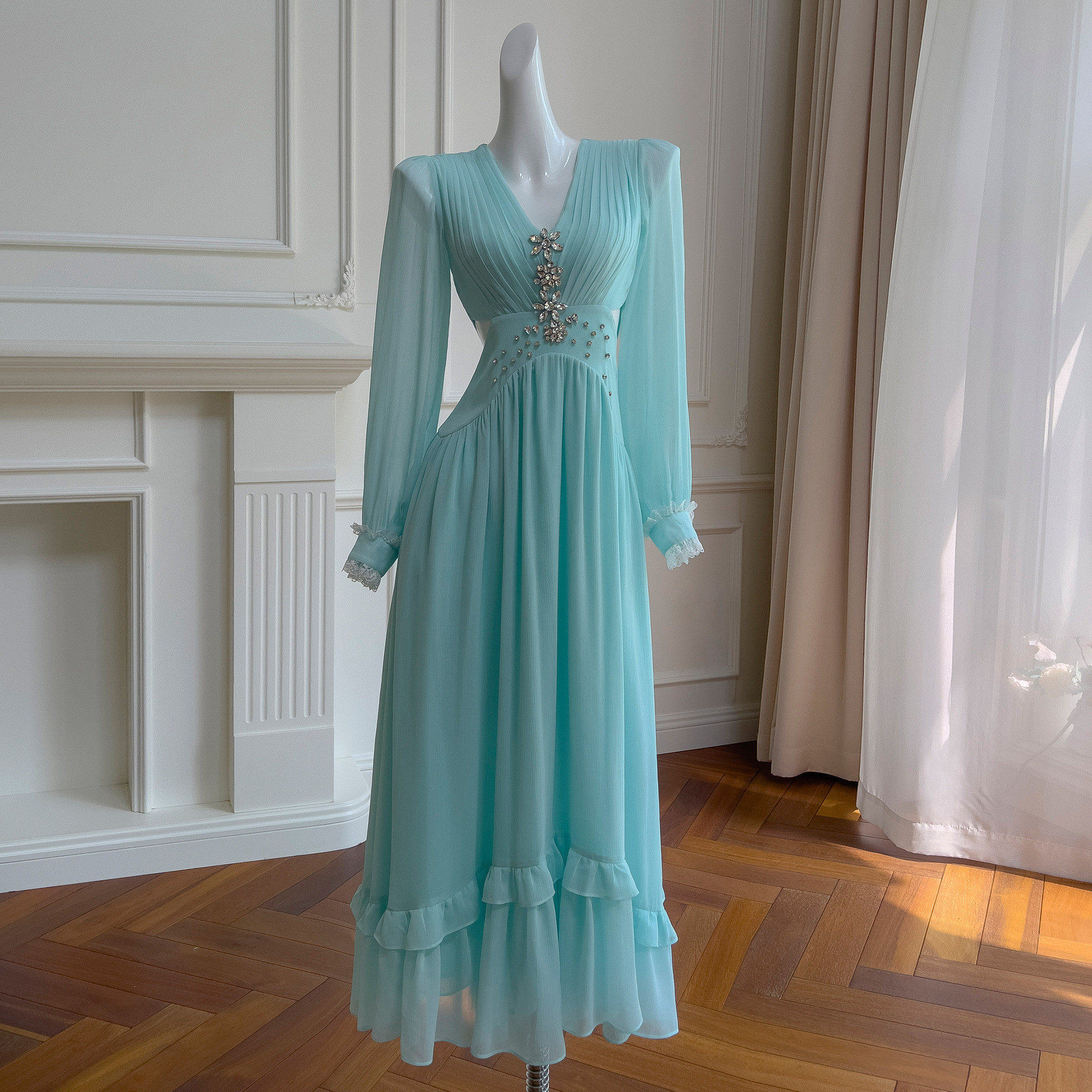 ドレス パーティー ウェディングドレス ロング ワンピース Vネック 旅行 長袖 青 上品 韓国風 お呼ばれ 69157