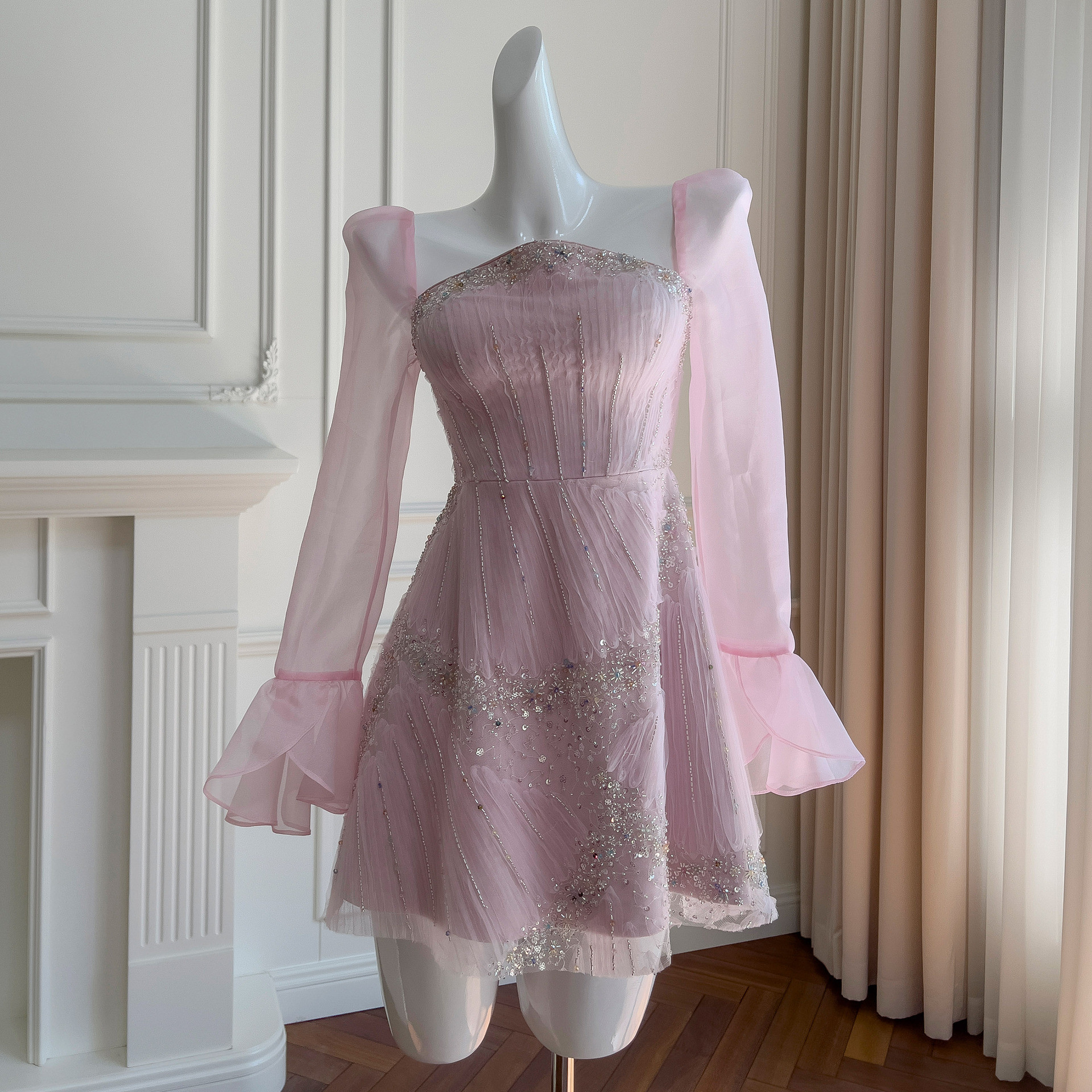 ドレス パーティー ウェディングドレス ショート丈 ワンピース プリンセス 長袖 紫 上品 韓国風 お呼ばれ 69311