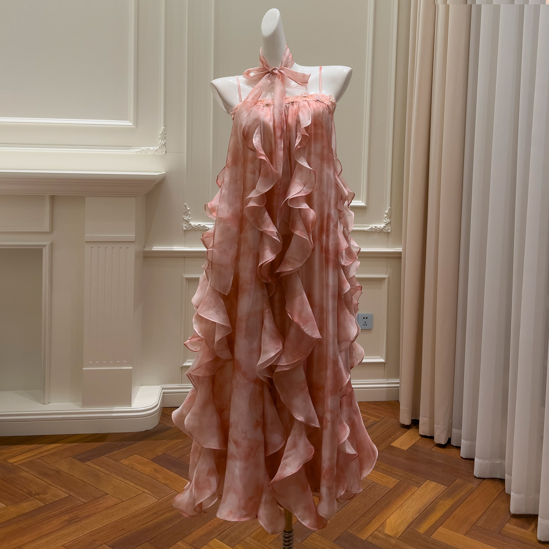 ドレス パーティー ウェディングドレス ロング ワンピース 海辺 旅行 ピンク フリル 韓国風 お呼ばれ 69118 15,386円