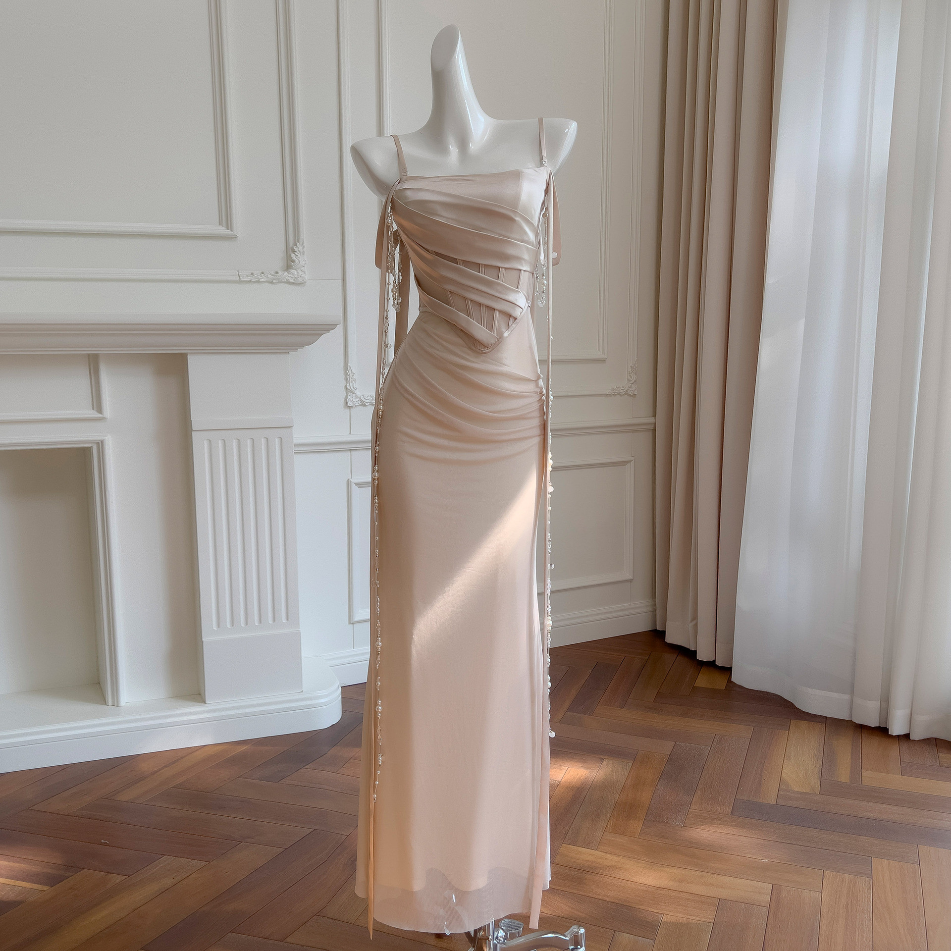 ドレス パーティー ウェディングドレス ワンピース ロング 杏色 痩せる 同窓会 優雅 上品 韓国風 お呼ばれ69310