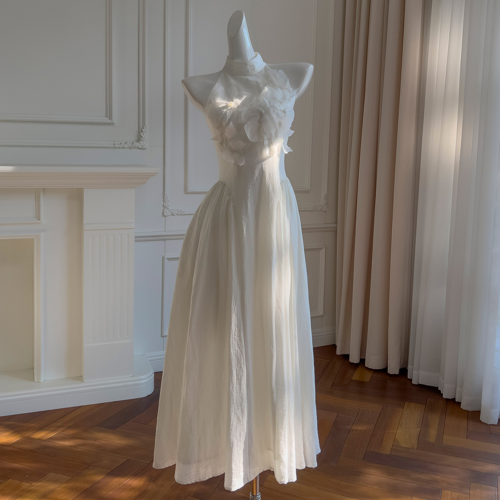 ドレス ウェディングドレス パーティー ワンピース ロング 白 立体花 同窓会 優雅 上品 韓国風 お呼ばれ 69258