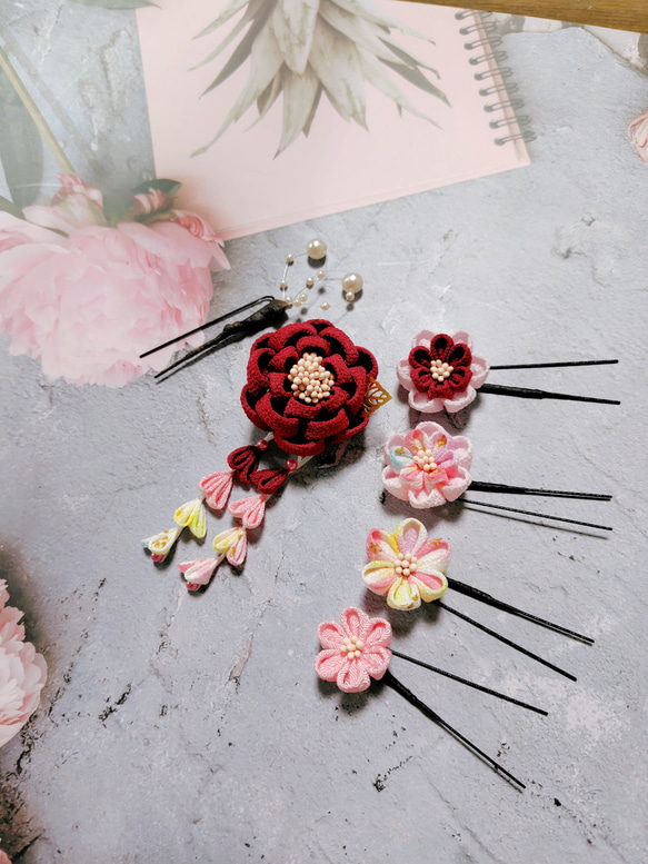 ☆和装ヘッドパーツセット☆　つまみ細工　カメリアヘアクリップ　七五三　3歳　7歳　初節句　成人式　和装 8枚目の画像