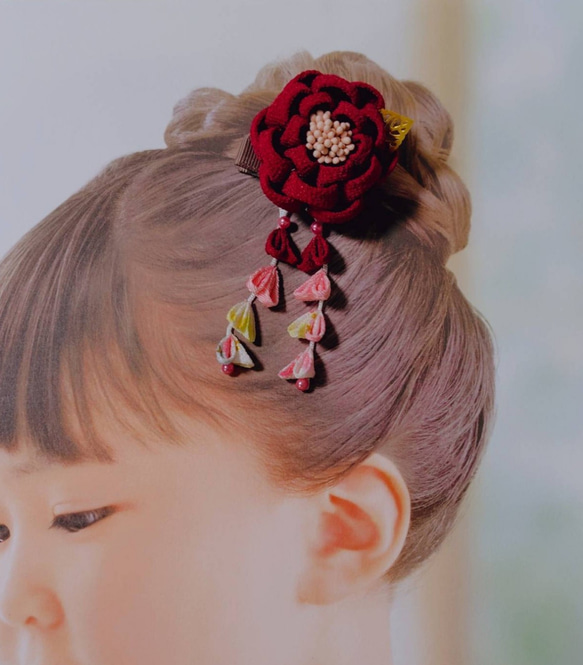 ☆和装ヘッドパーツセット☆　つまみ細工　カメリアヘアクリップ　七五三　3歳　7歳　初節句　成人式　和装 2枚目の画像