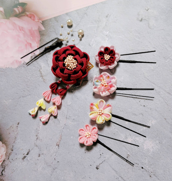 ☆和装ヘッドパーツセット☆　つまみ細工　カメリアヘアクリップ　七五三　3歳　7歳　初節句　成人式　和装 1枚目の画像