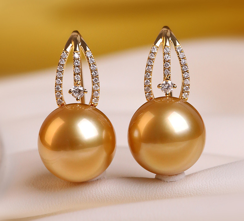 [ヘイズジュエリー] ファッショナブルで豪華な12-12mm南洋ゴールドパールイヤリング、天然海水パールイヤリング、18Kゴール