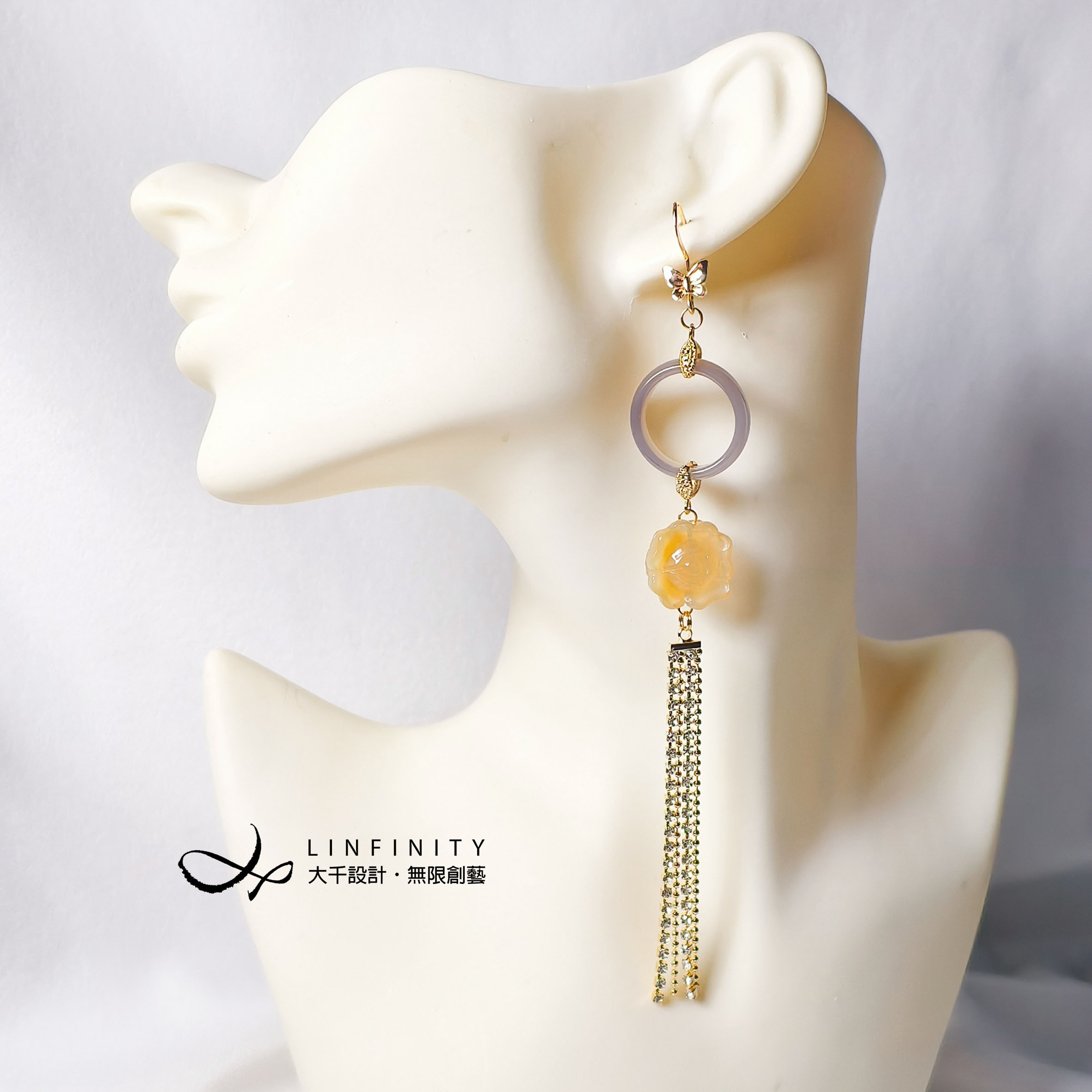 ✦❀ 新年のお祝いに | 宝石 50% オフ ❀✦ ゴールド瑪瑙・翡翠・牡丹リング、富と成功の蝶の大きな宝石イヤリング - ギフ