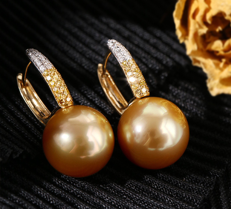 [ヘイズジュエリー] イエローとホワイトのダイヤモンドバケットイヤリング、最高級のリッチゴールド12-12mm、南洋ゴールドビー