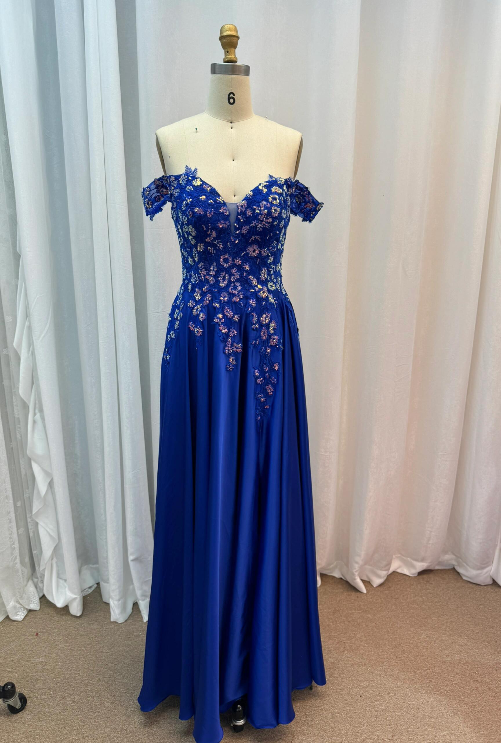高品質保証フロアー丈　スパコール　お花　ウルトラマリン　ディープ二の腕を隠せる　サイズオーダー可能　カラードレス　成人式