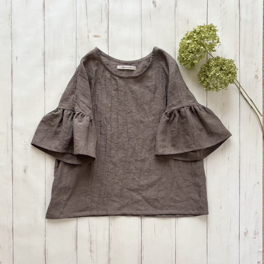 【新作】涼やかブラウス フレア袖　Belgium linen 100% * mocha ※受注制作・2週間※