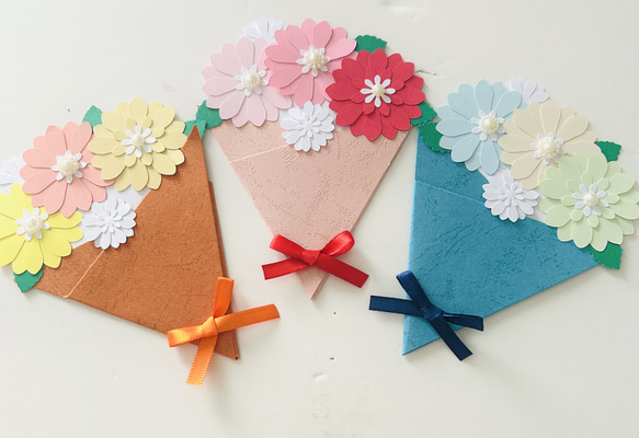 #221 クラフトパンチ メッセージカード ブーケ 花束 フラワー 3枚セット 花束カード 3色セット お花 ブーケ メッセージカード haruhisa 通販