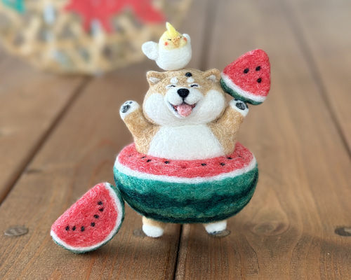 スイカにハマったミニサイズ赤柴犬さんとオカメインコ♪ 羊毛フェルト
