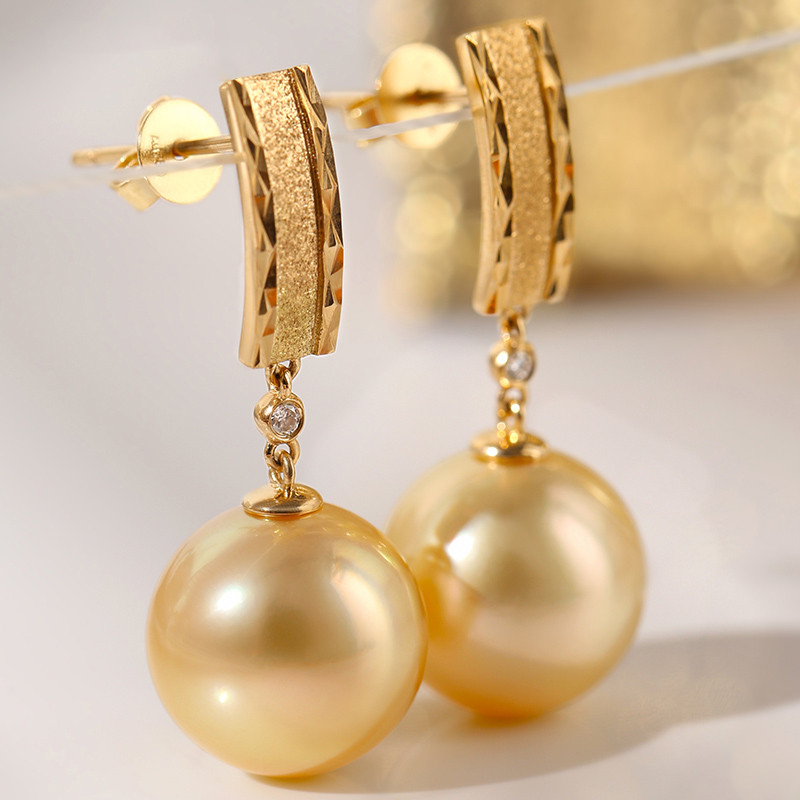 [ヘイズジュエリー] エレガントなレトロ12-12mm南洋ゴールドパールイヤリング 優しくて品格のあるライトゴールド天然海水パー