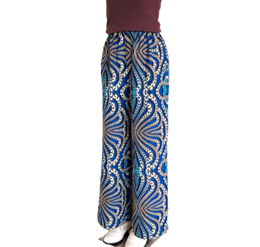 【一点物】アフリカ布　ワイドパンツ　ポケット付き ｜ウエストゴム　綿100%　個性的　大人エスニック　柄パンツ カラフル