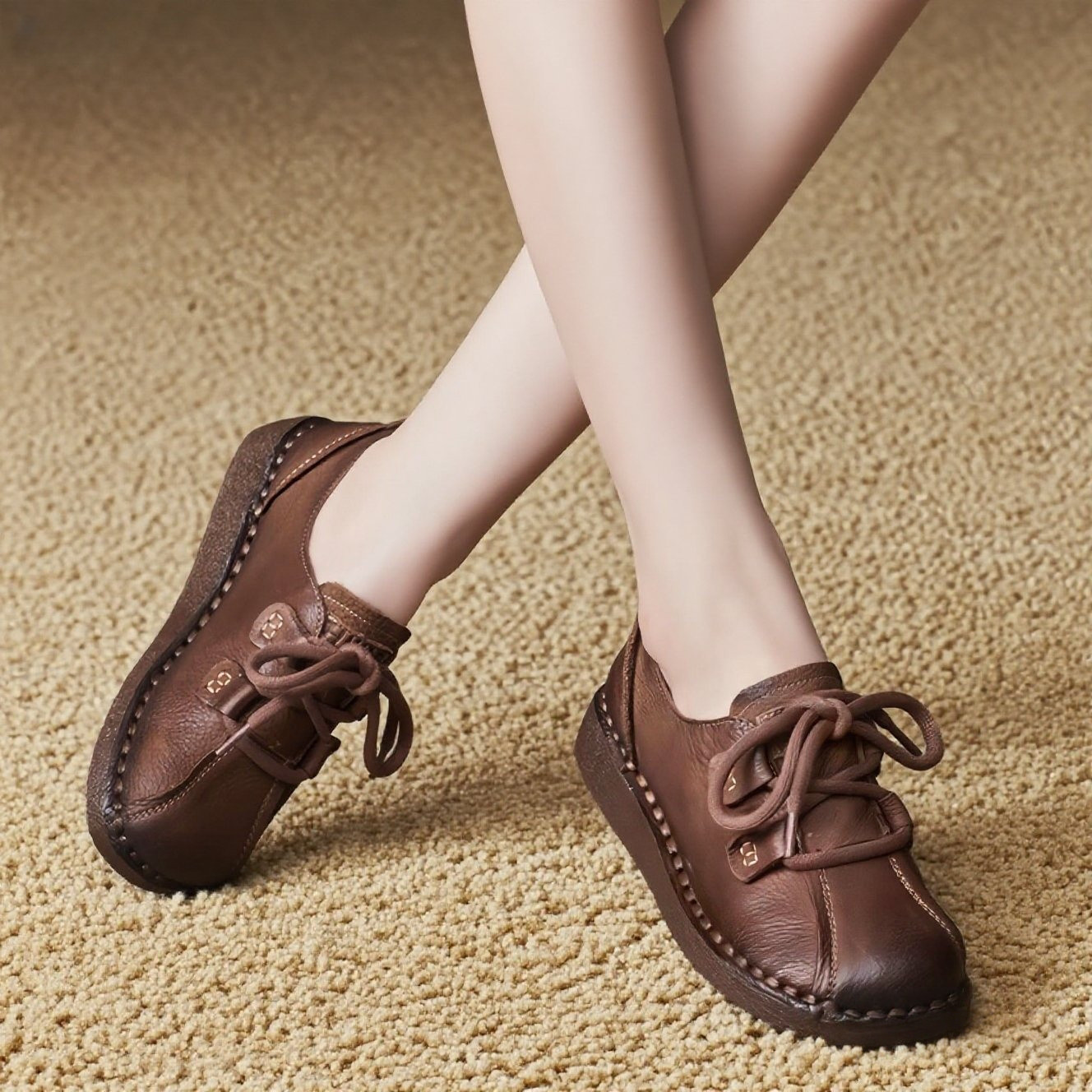 レトロエレガント！｜フラットヒール厚底牛革靴｜四季対応