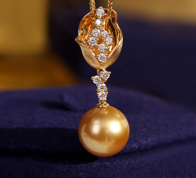 [ヘイズジュエリー] チューリップハイエンドデザインリッチゴールド13-13mm南洋ゴールドビーズペンダントネックレス天然海水真