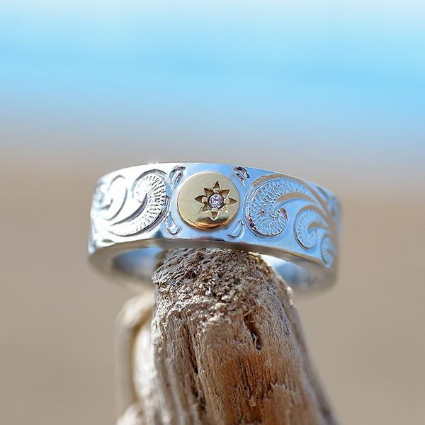 ハワイアンジュエリー リング 指輪 刻印 太陽 サン スクロール 波 サージカル ステンレス