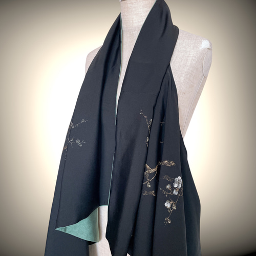 花刺繍 リバーシブル 裏グリーン スクエア変型ジレ 着物リメイク 紗 絽
