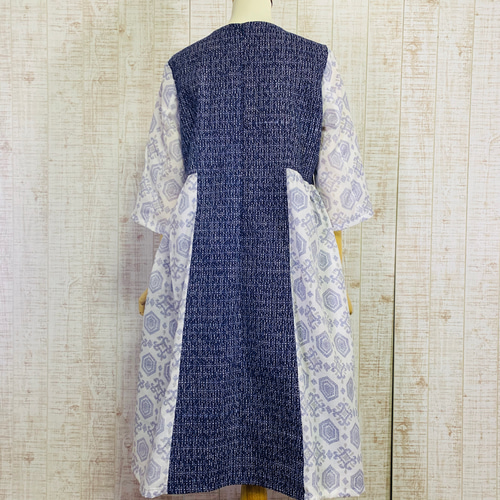 着物リメイク＊2種類の幾何学模様浴衣地で7分袖ワンピースM