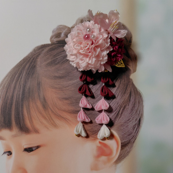 ☆和装ヘッドドレス　桜☆　つまみ細工の下がり付き アーティフィシャルフラワーのヘッドドレス　七五三　3歳　7歳　髪飾り 1枚目の画像