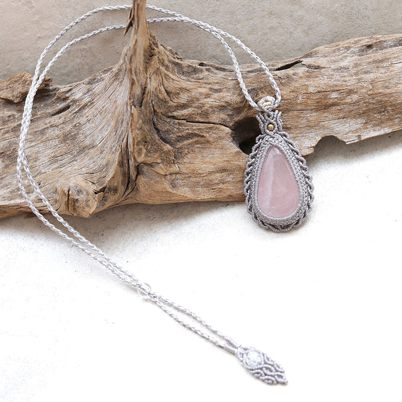 ローズクォーツ天然石マクラメネックレスmac426エスニックアジアンエキゾチックな金属アレルギーフリーアクセサリー 5枚目の画像