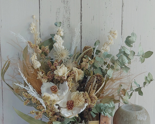 ウェディングブーケ ドライフラワー ブートニア付き 前撮りブーケ モカベージュ ウェディングブーケ ドライフラワー ブートニア付き 前撮り