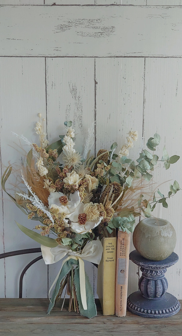 ウェディングブーケ ドライフラワー ブートニア付き 前撮りブーケ モカベージュ ウェディングブーケ ブートニア付き ドライフラワーブーケ 前