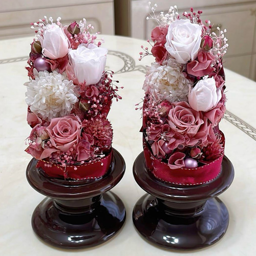 高級感のある茶色陶器ガラスドーム仏花（2ケース9800円）（1ケースは5000円 送料無料、ラッピング込み】高級感のあるガラスドーム茶色陶器仏