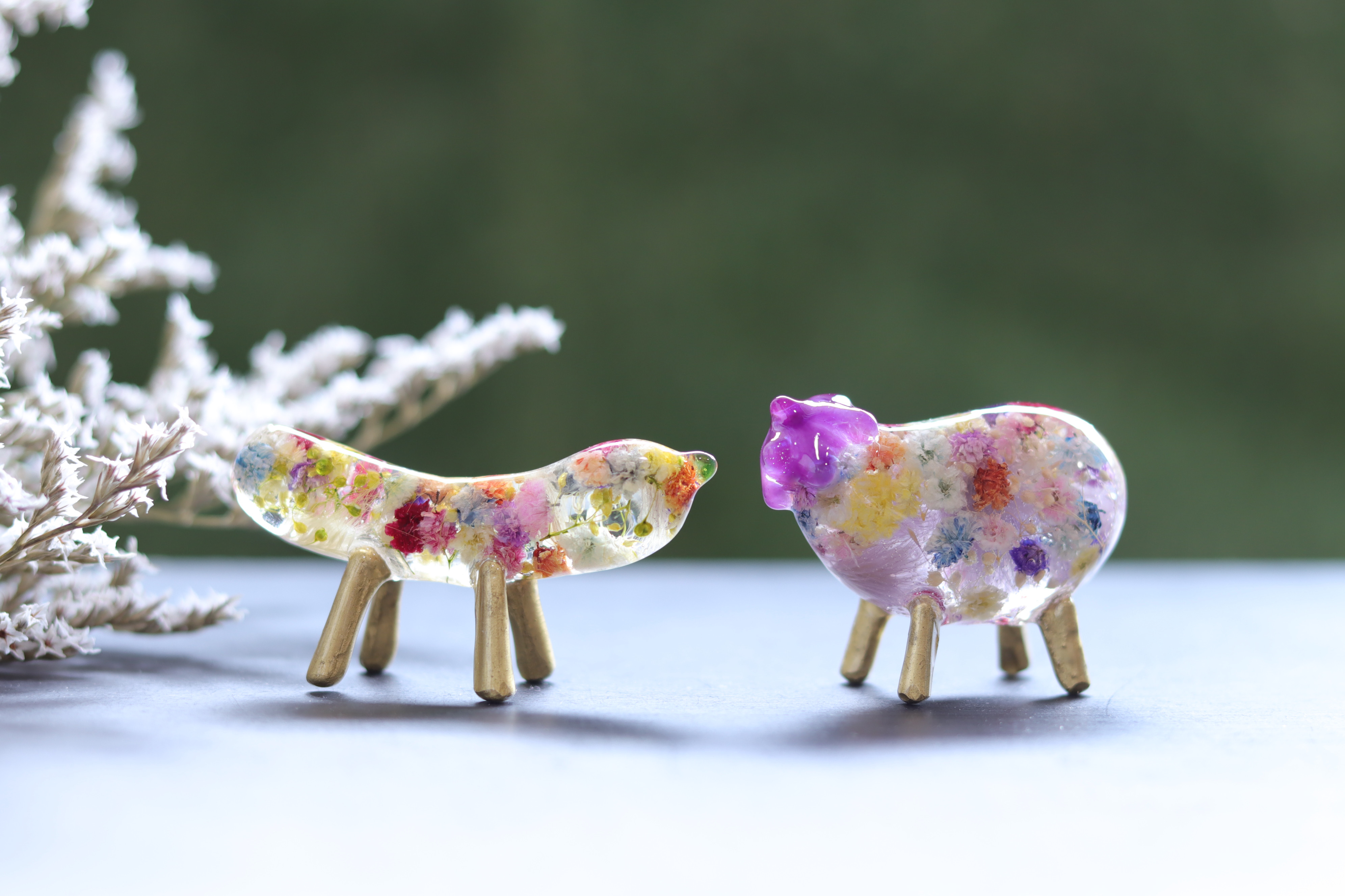 【受注製作・出荷日注意】「小花を閉じ込めて」手のり精霊馬“虹色ナス&キュウリ”セット＊虹の橋・犬・猫・お盆・メモリアル