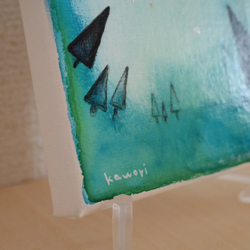 小さな絵/青緑色重なる森の夜空【一点物アート】 絵画 kawori 通販