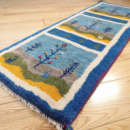 ペルシャ ギャッベ ミニランナー ラグ 115x43cm 青 風景