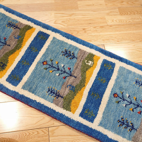 ペルシャ ギャッベ ミニランナー ラグ 115x43cm 青 風景
