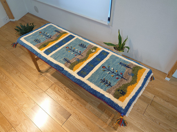 ペルシャ ギャッベ ミニランナー ラグ 115x43cm 青 風景