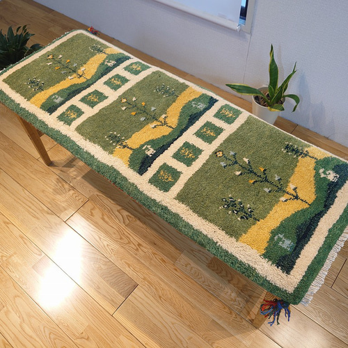 ペルシャ ギャッベ ミニランナー ラグ 117x43cm 緑 風景 RJ11266