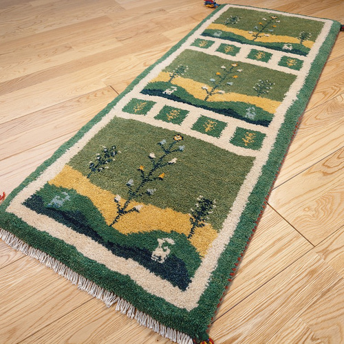 ペルシャ ギャッベ ミニランナー ラグ 117x43cm 緑 風景 RJ11266