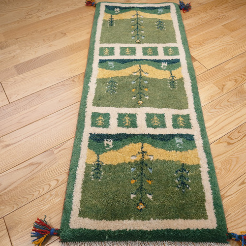 ペルシャ ギャッベ ミニランナー ラグ 115x44cm 緑 風景 RJ15470G
